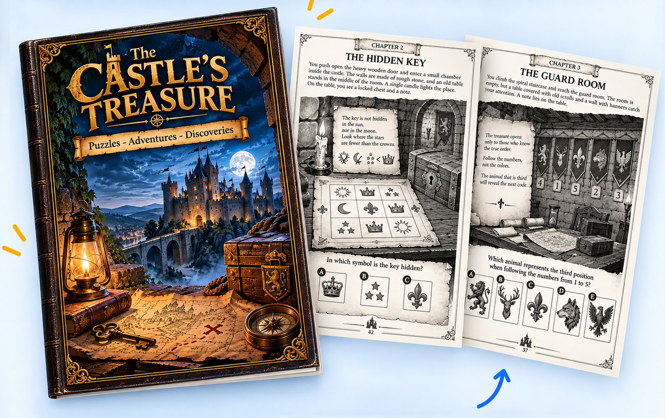 A generated Escape Game book: illustrated cover and two puzzle pages